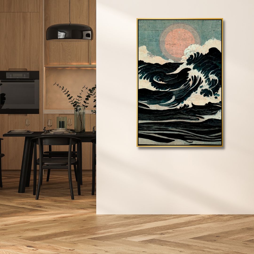 Japandi Inspired Oil Painting of Energetic Waves with Serene Sunset