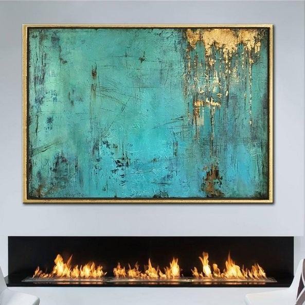 Bold Abstract Oil Painting in Teal with Gold Accents for Modern Home Decor