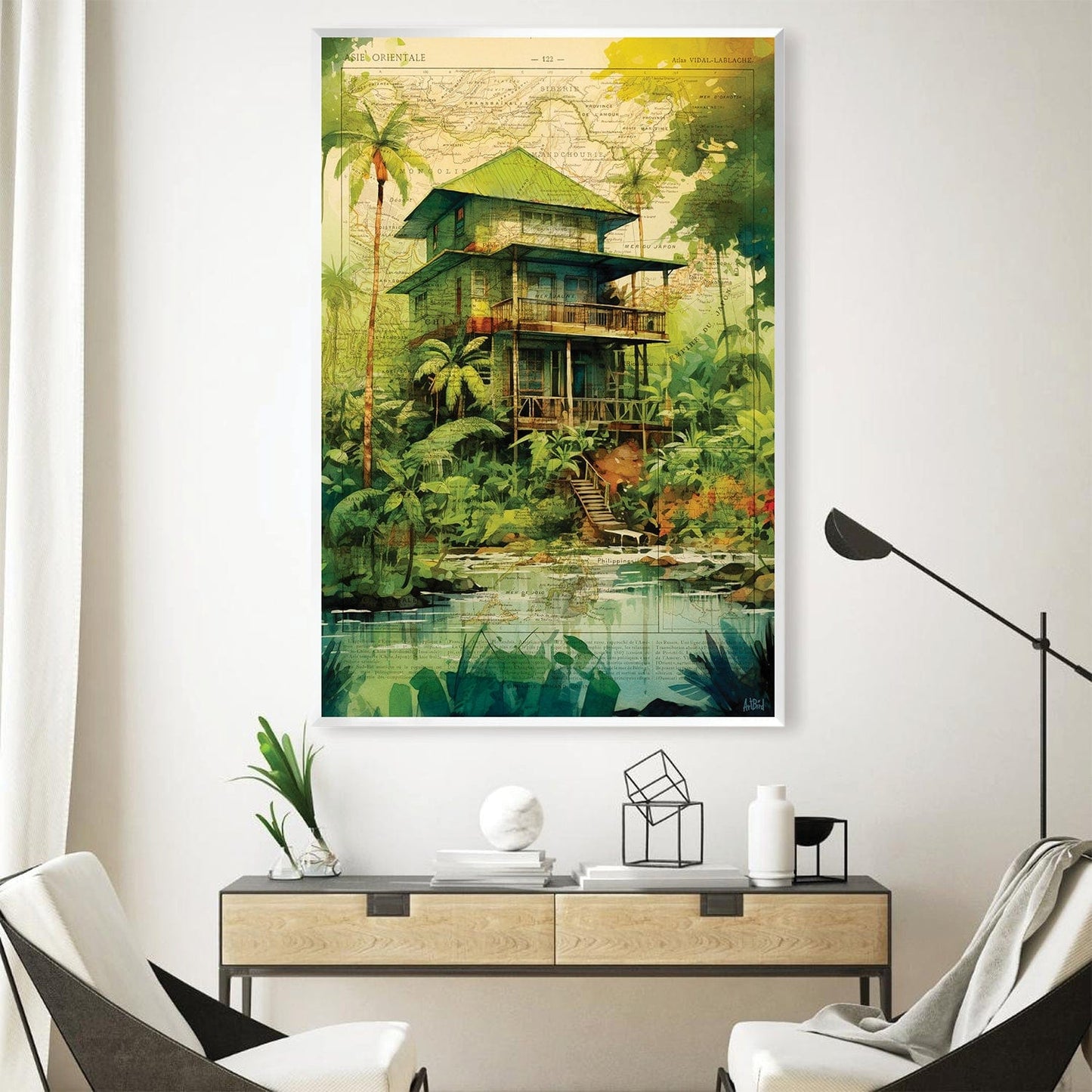 Vibrant Jungle House Oil Painting with Lush Greenery and Tranquil Waters