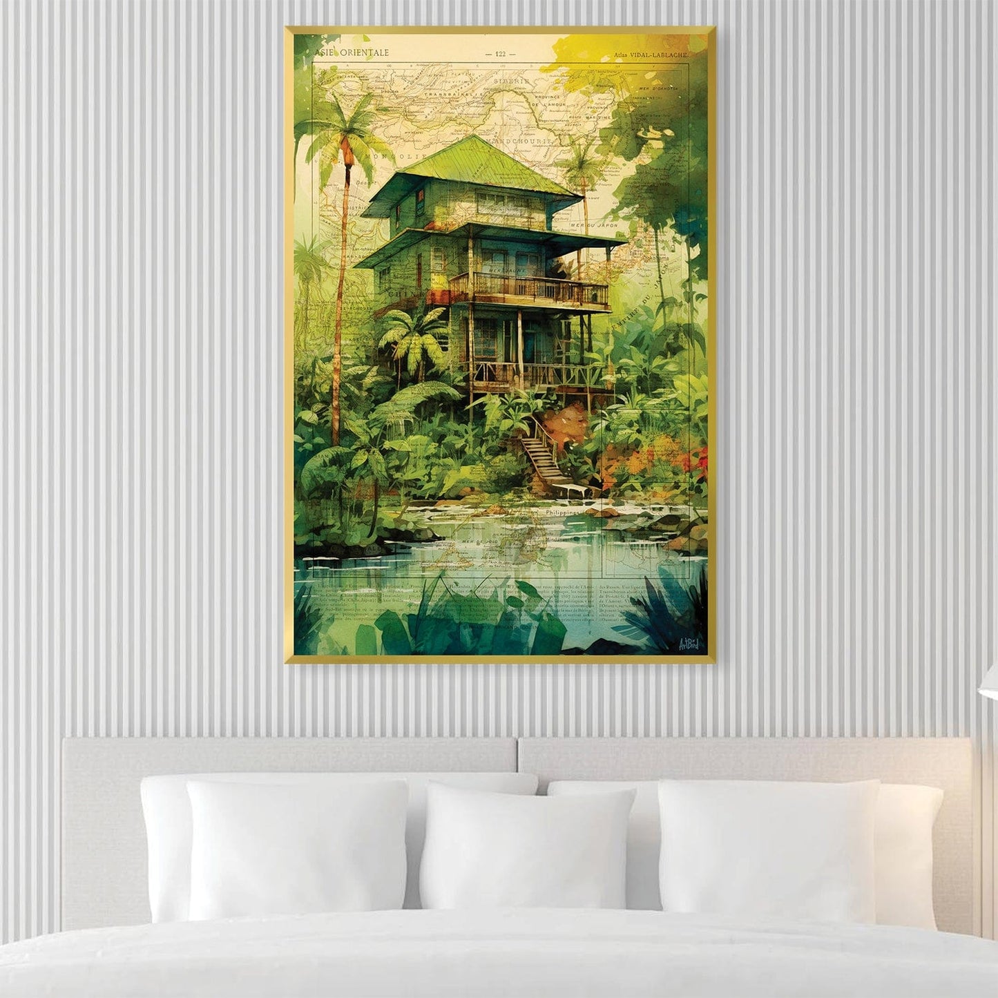 Vibrant Jungle House Oil Painting with Lush Greenery and Tranquil Waters