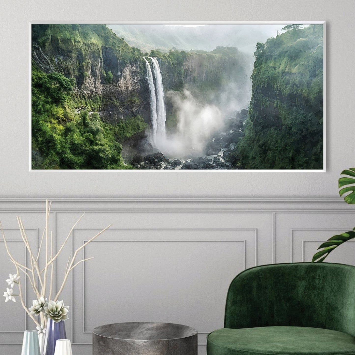 Lush Jungle Waterfalls Oil Painting for Serene Home Decor and Nature Lovers