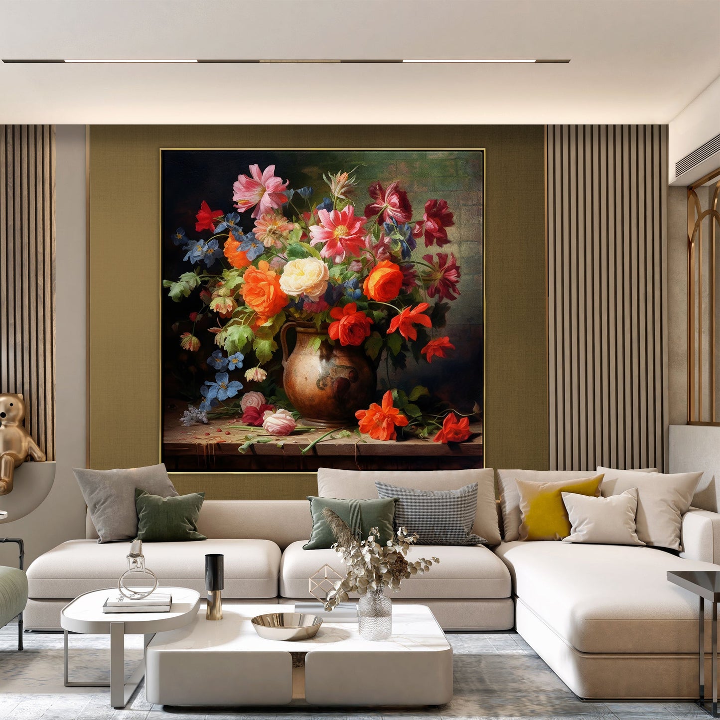 Vibrant Floral Still Life Oil Painting in Classic Pottery with Colorful Blooms