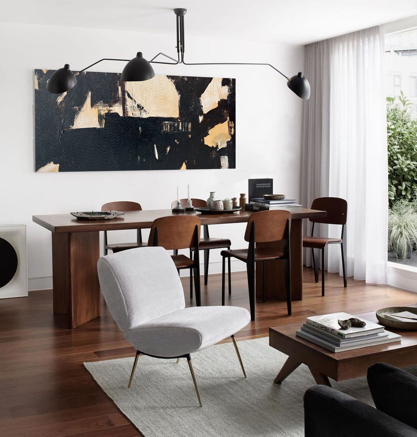 Elegant Black and Beige Minimalist Abstract Oil Painting for Modern Decor