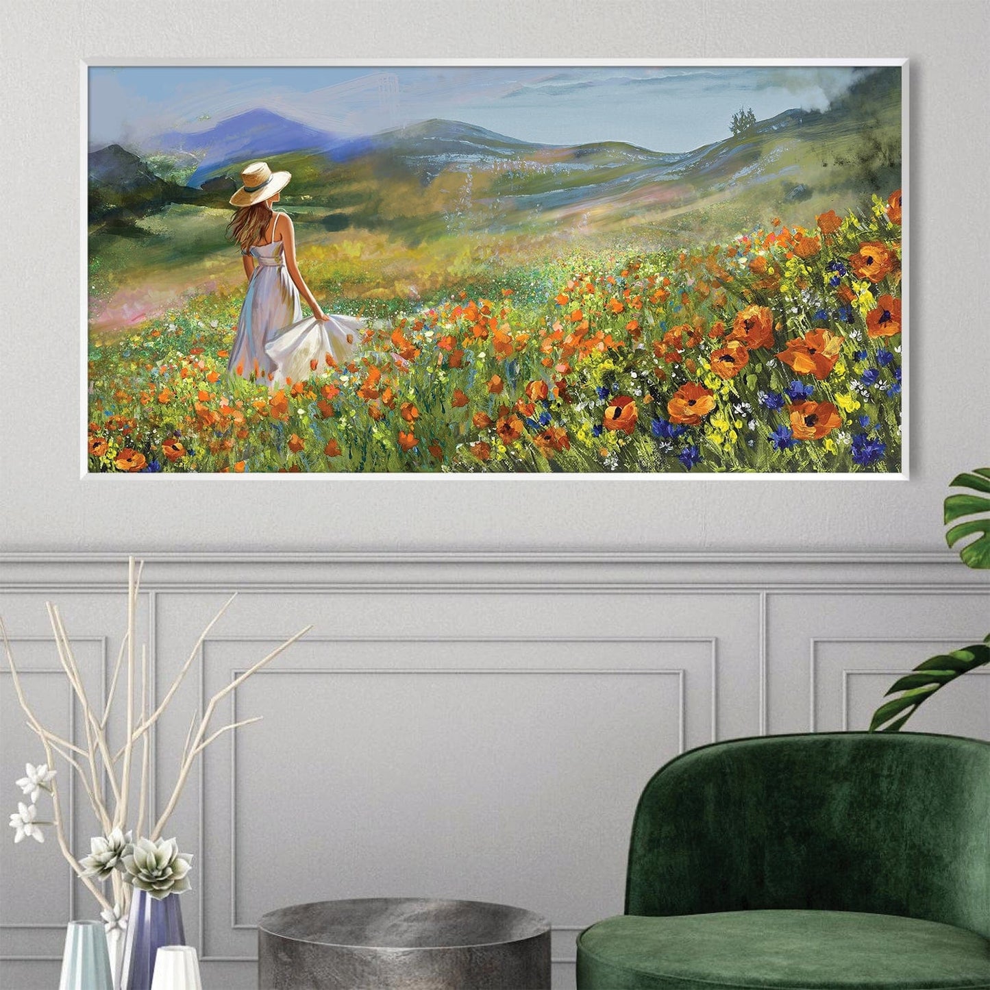 Enchanting Lady in Flower Meadow Oil Painting for Home Decor