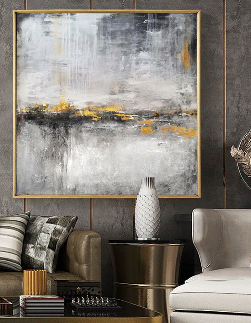 Bold Abstract Landscape Oil Painting with Textured Grays and Vibrant Gold Accents