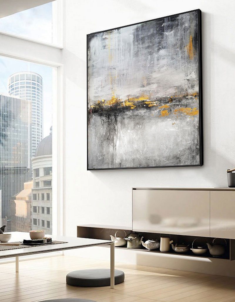 Bold Abstract Landscape Oil Painting with Textured Grays and Vibrant Gold Accents