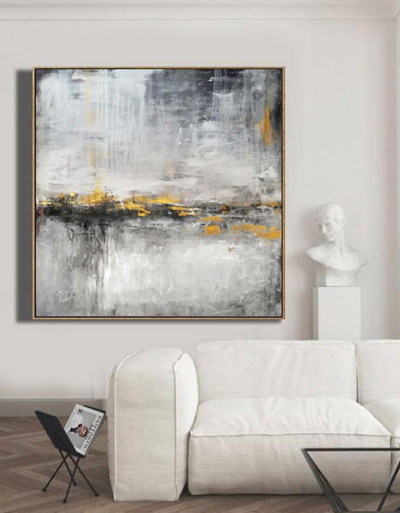 Bold Abstract Landscape Oil Painting with Textured Grays and Vibrant Gold Accents