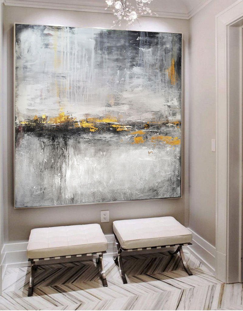 Bold Abstract Landscape Oil Painting with Textured Grays and Vibrant Gold Accents