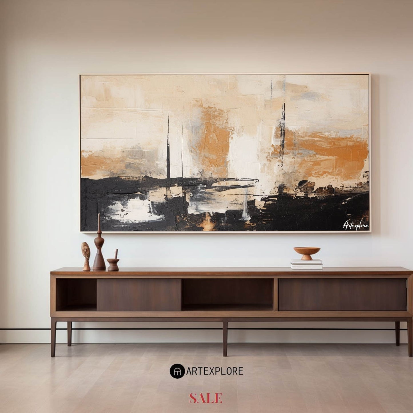 Contemporary Black and Beige Abstract Oil Painting for Modern Decor