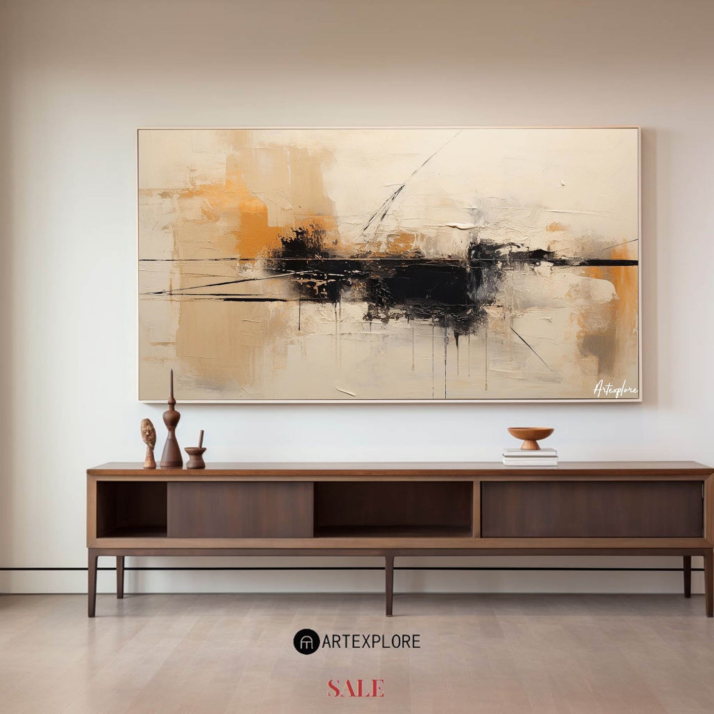Contemporary Abstract Oil Painting in Warm Tones and Bold Black Accents