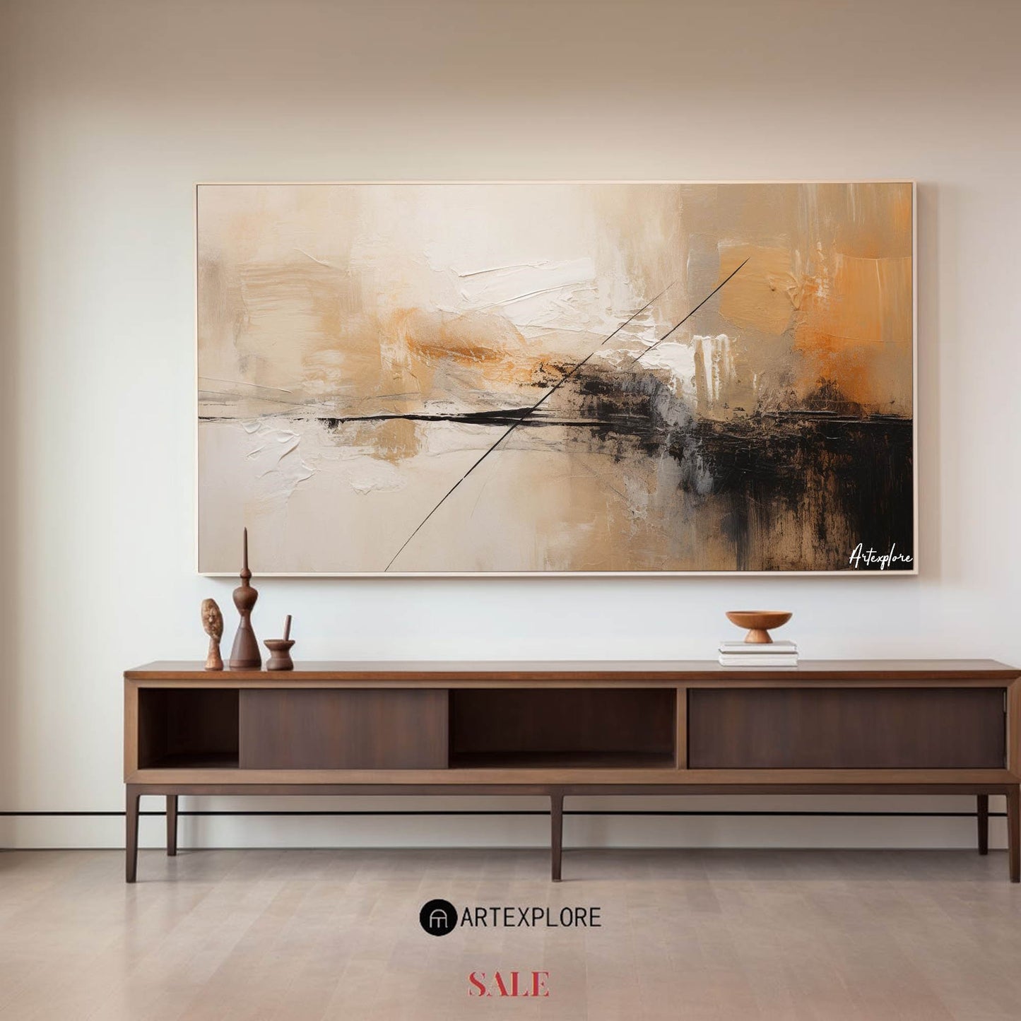Contemporary Abstract Oil Painting with Earthy Tones and Geometric Lines