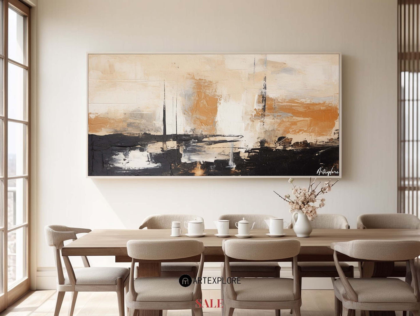 Contemporary Black and Beige Abstract Oil Painting for Modern Decor