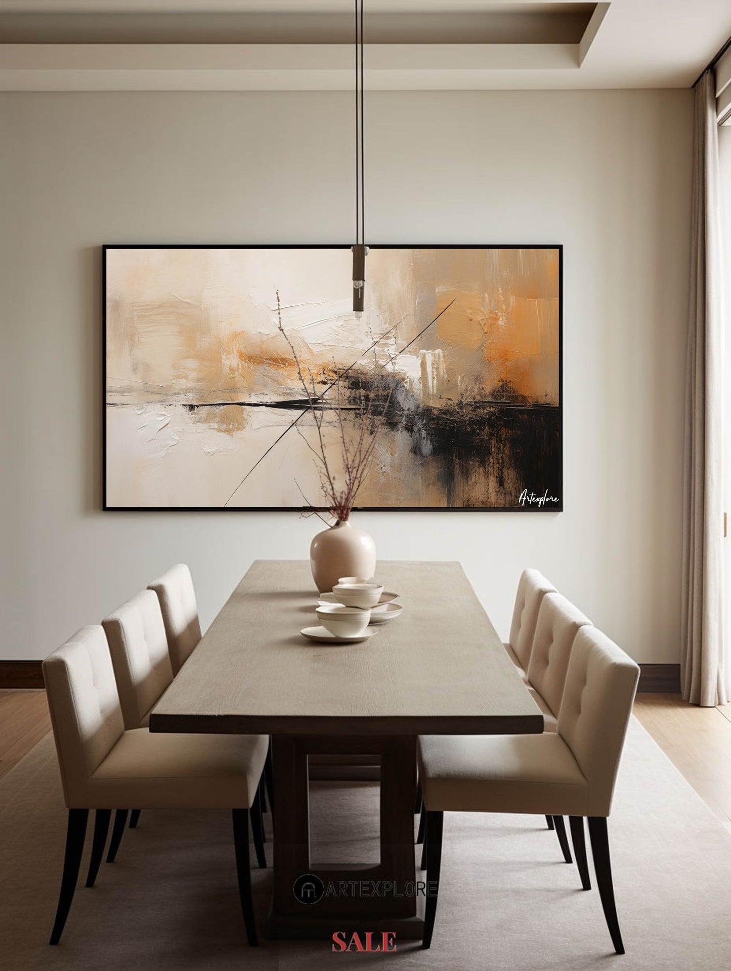 Contemporary Abstract Oil Painting with Earthy Tones and Geometric Lines