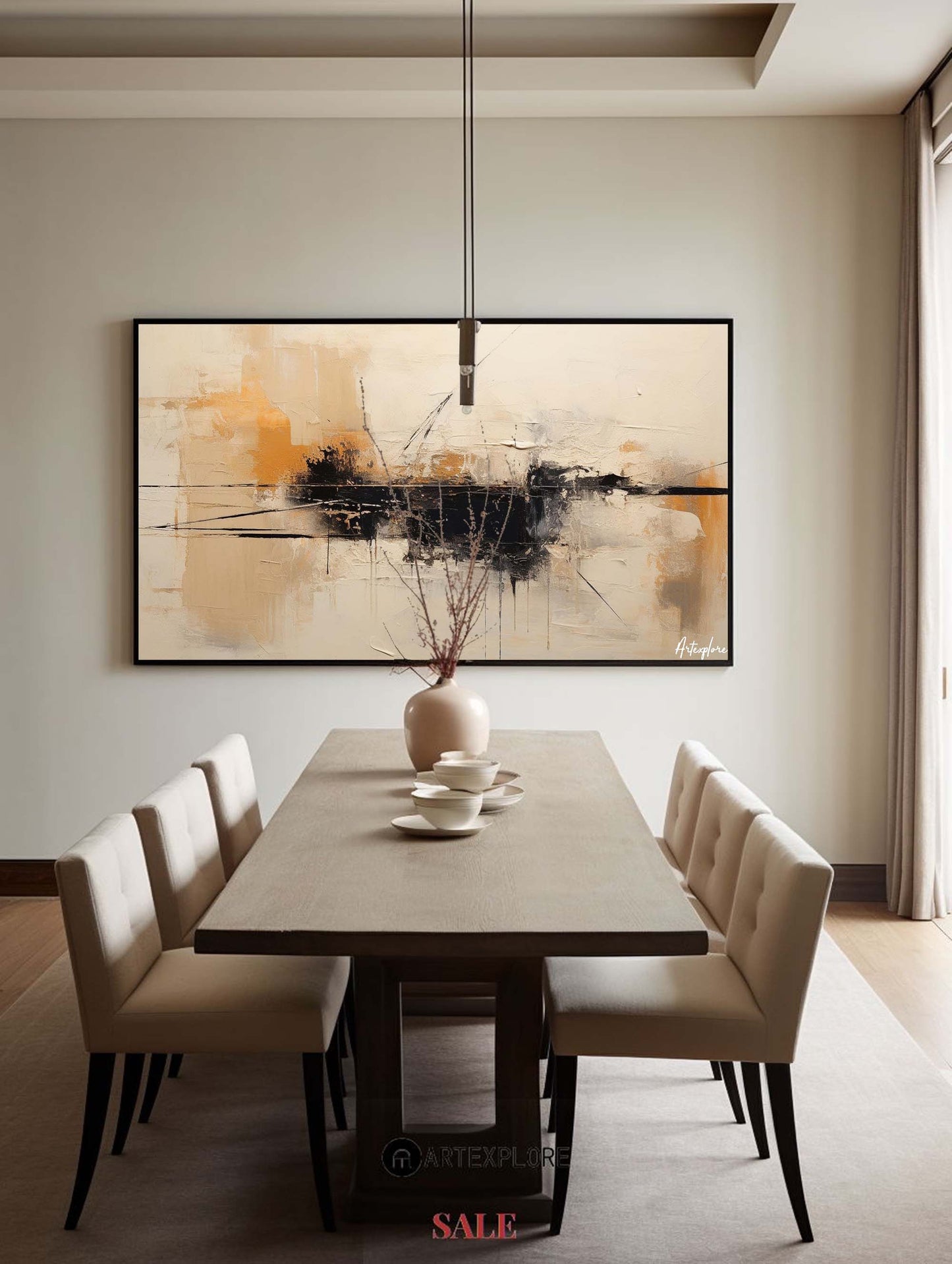 Contemporary Abstract Oil Painting in Warm Tones and Bold Black Accents
