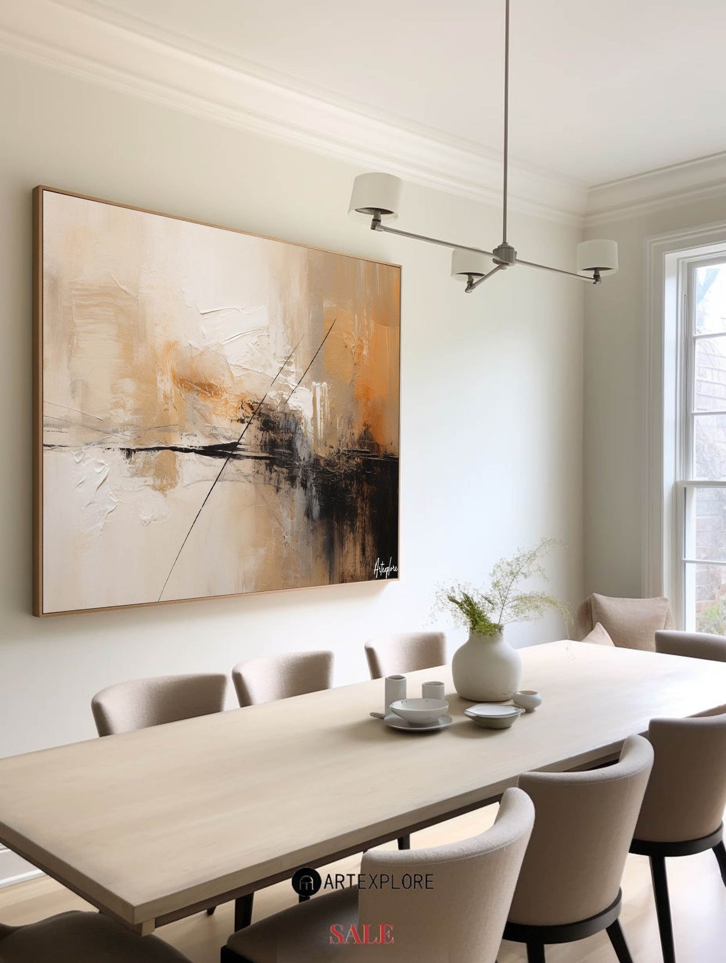 Contemporary Abstract Oil Painting with Earthy Tones and Geometric Lines