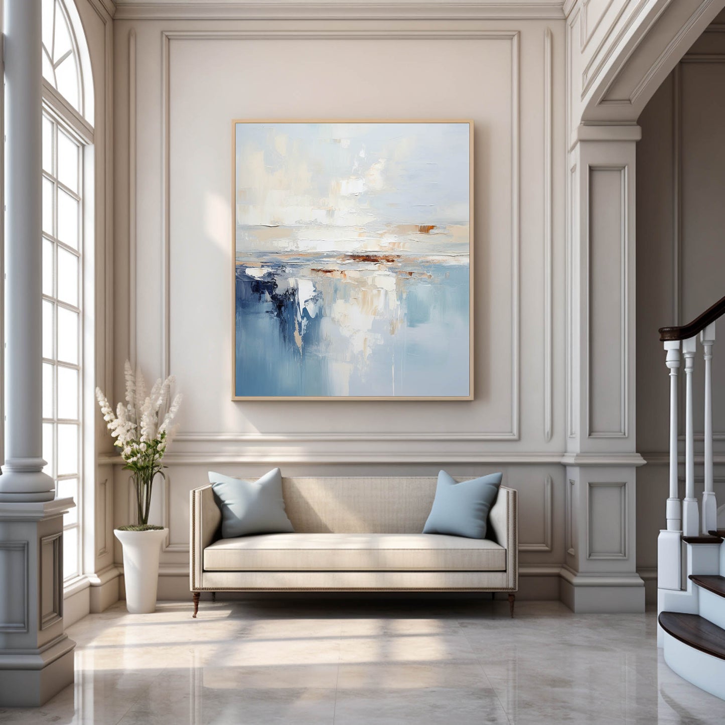 Serene Coastal Abstract Oil Painting with Blue and Cream Hues for Modern Decor