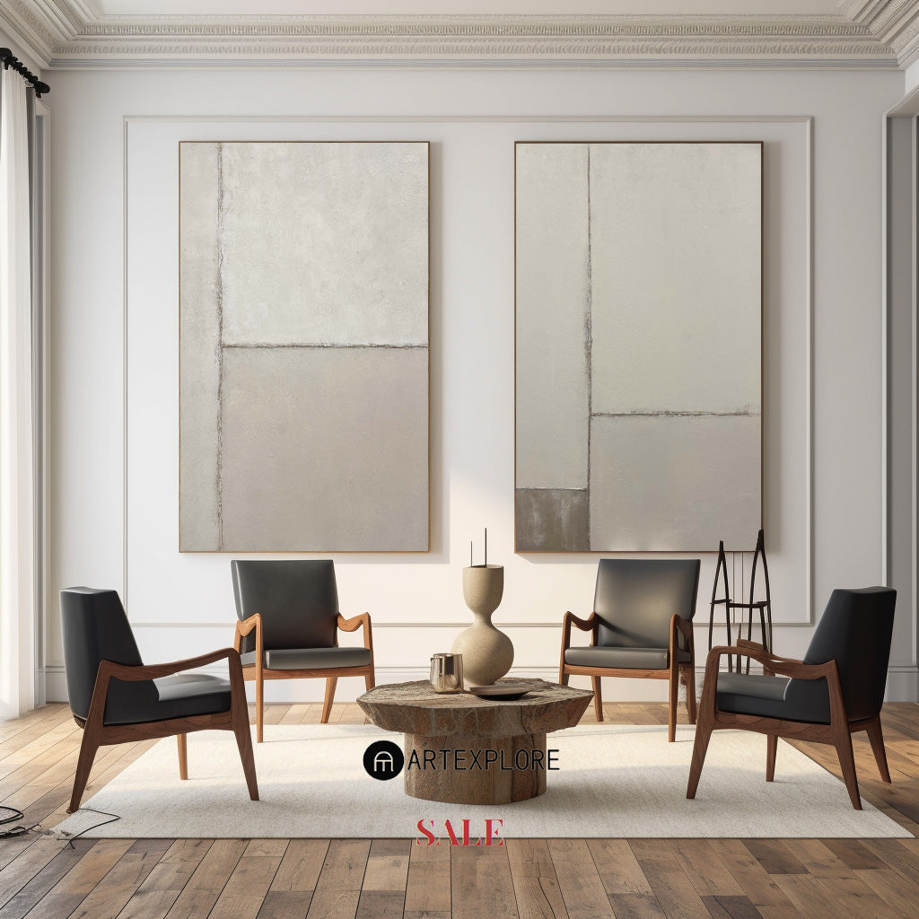 Contemporary Dual Panel Abstract Oil Painting in Soothing Neutral Tones