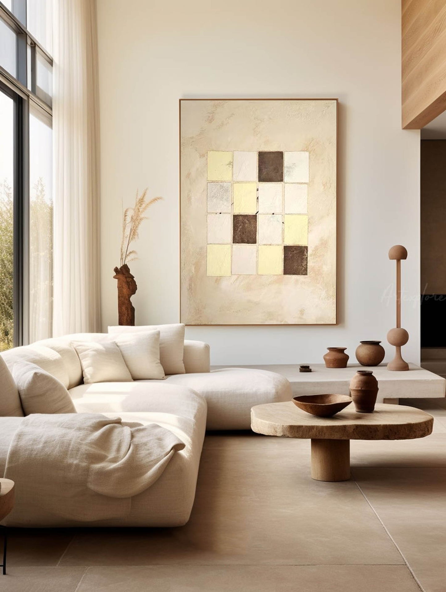 Elegant Beige Geometric Abstract Oil Painting for Modern Home Decor