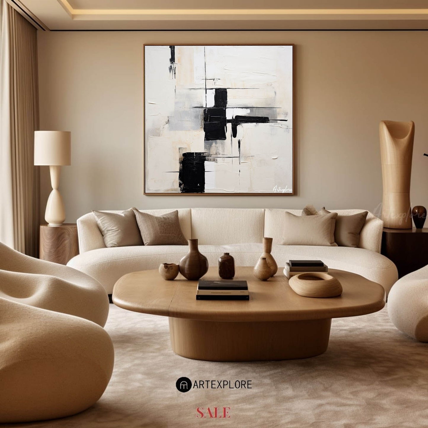 Contemporary Black and White Abstract Oil Painting for Modern Home Decor