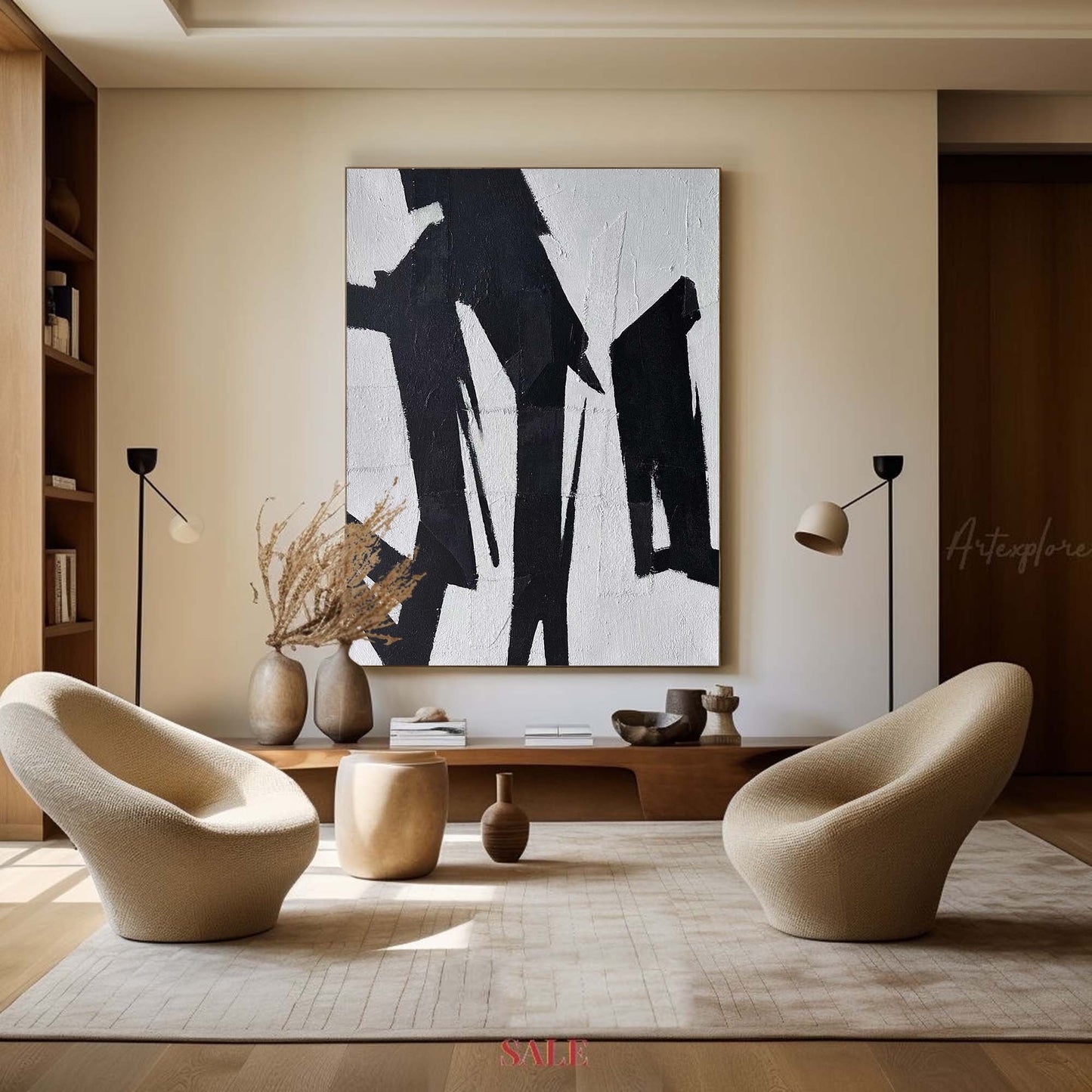 Bold Black and White Abstract Oil Painting for Modern Home Decor