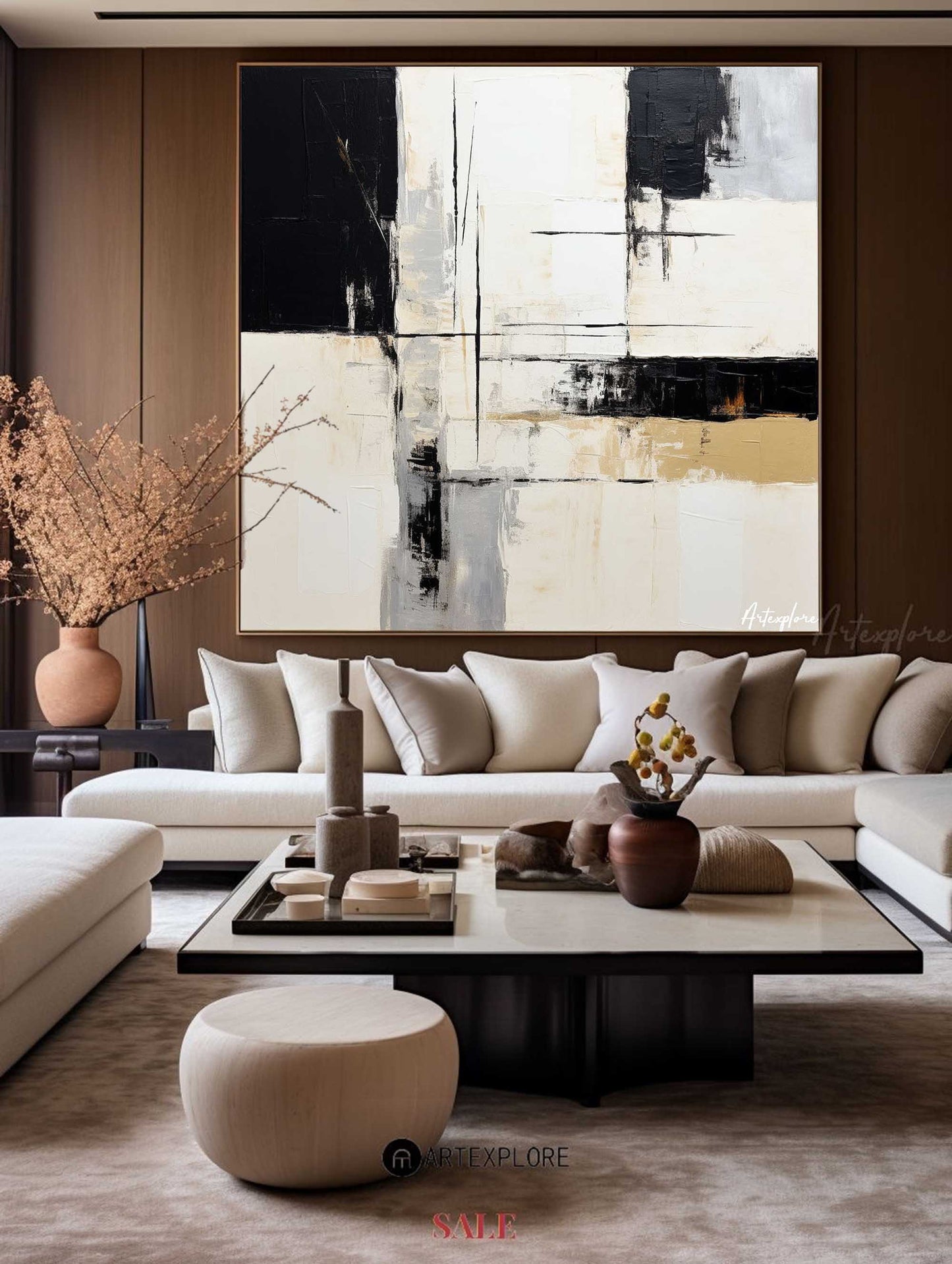 Contemporary Black and White Abstract Oil Painting for Modern Home Décor
