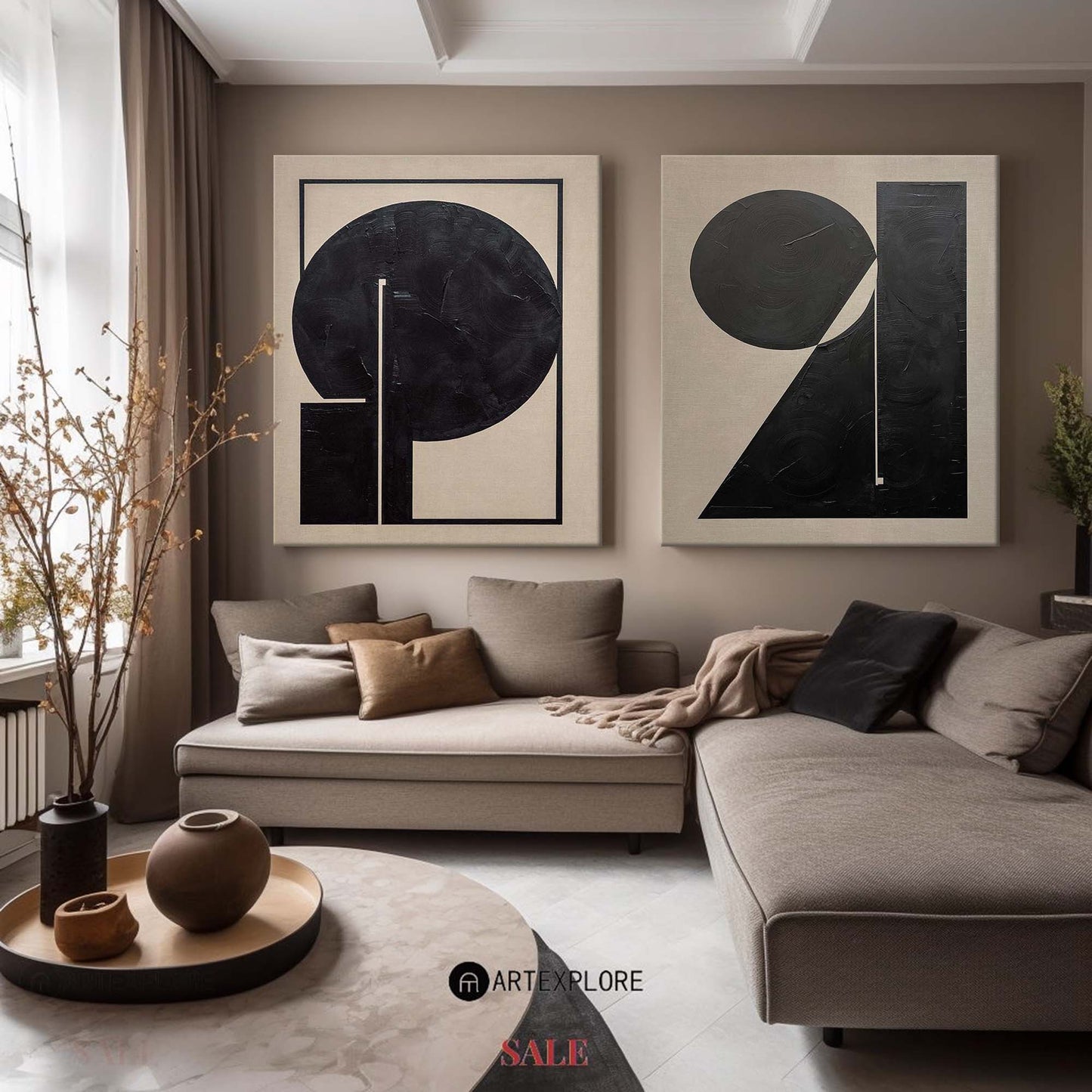 Contemporary Black and White Abstract Oil Painting Set for Modern Home Decor