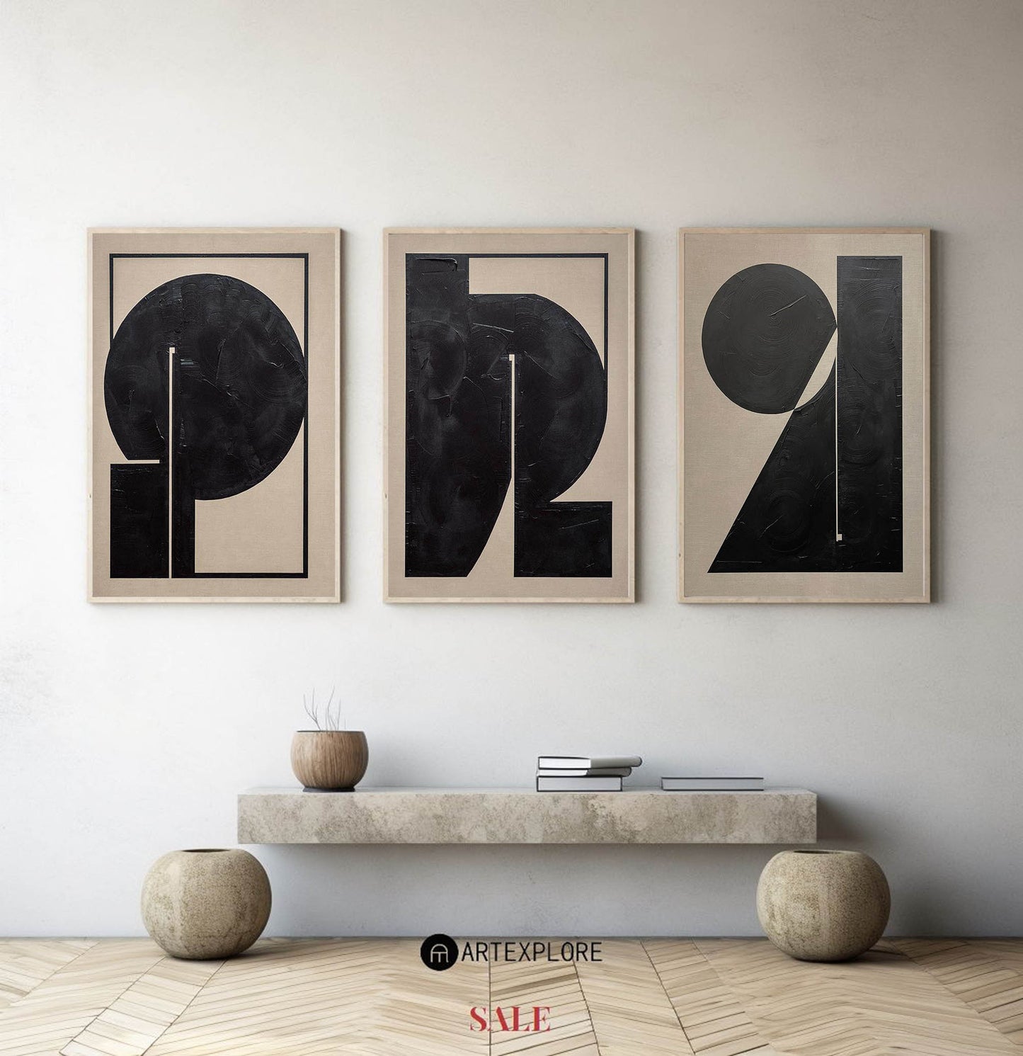 Contemporary Minimalist Black and White Abstract Oil Painting for Modern Decor
