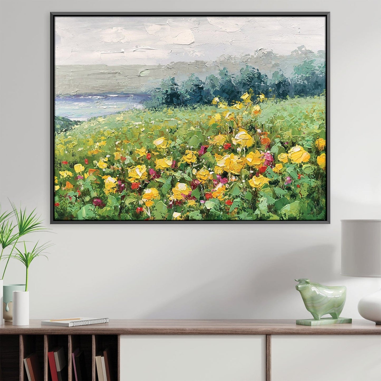Vibrant Floral Meadow Landscape Oil Painting with Yellow and Pink Blooms