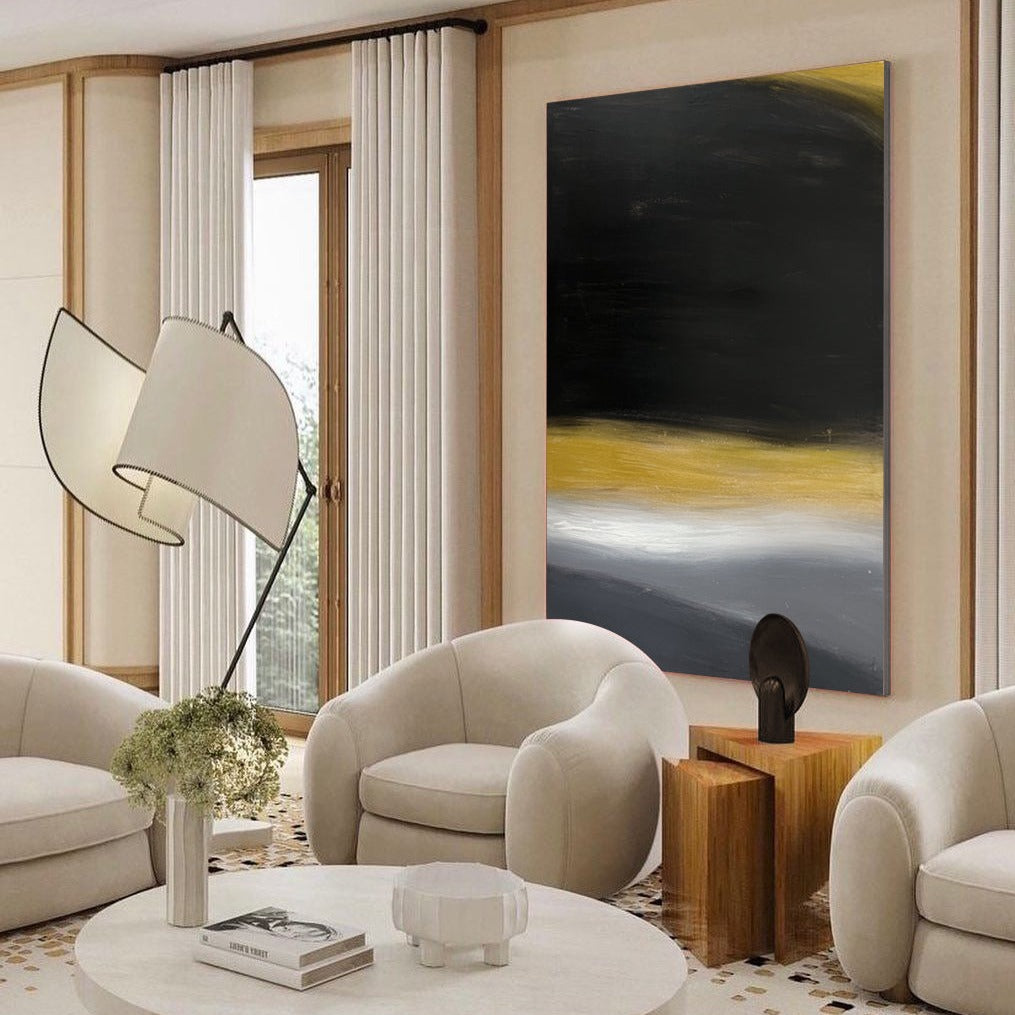 Contemporary Black and Gold Abstract Oil Painting for Modern Home Decor