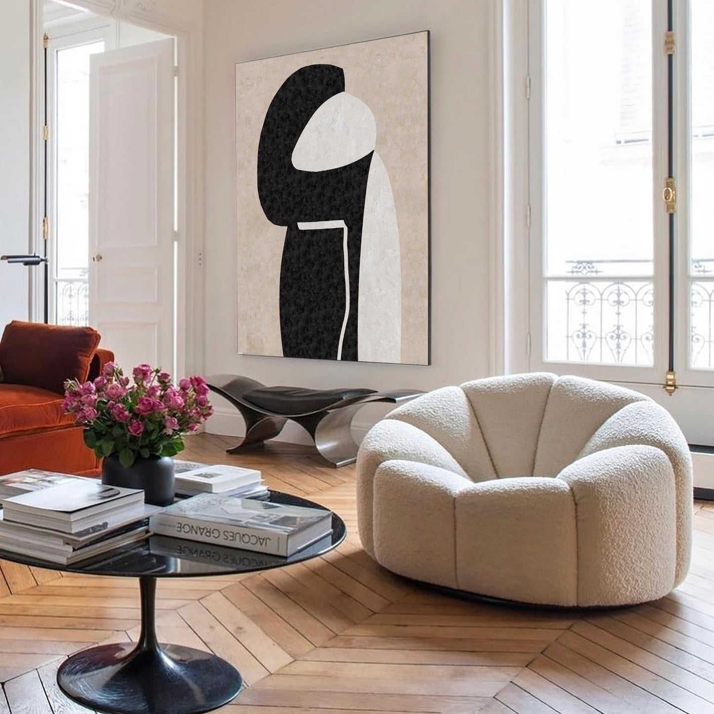 Modern Beige and Black Minimalist Abstract Oil Painting for Contemporary Decor