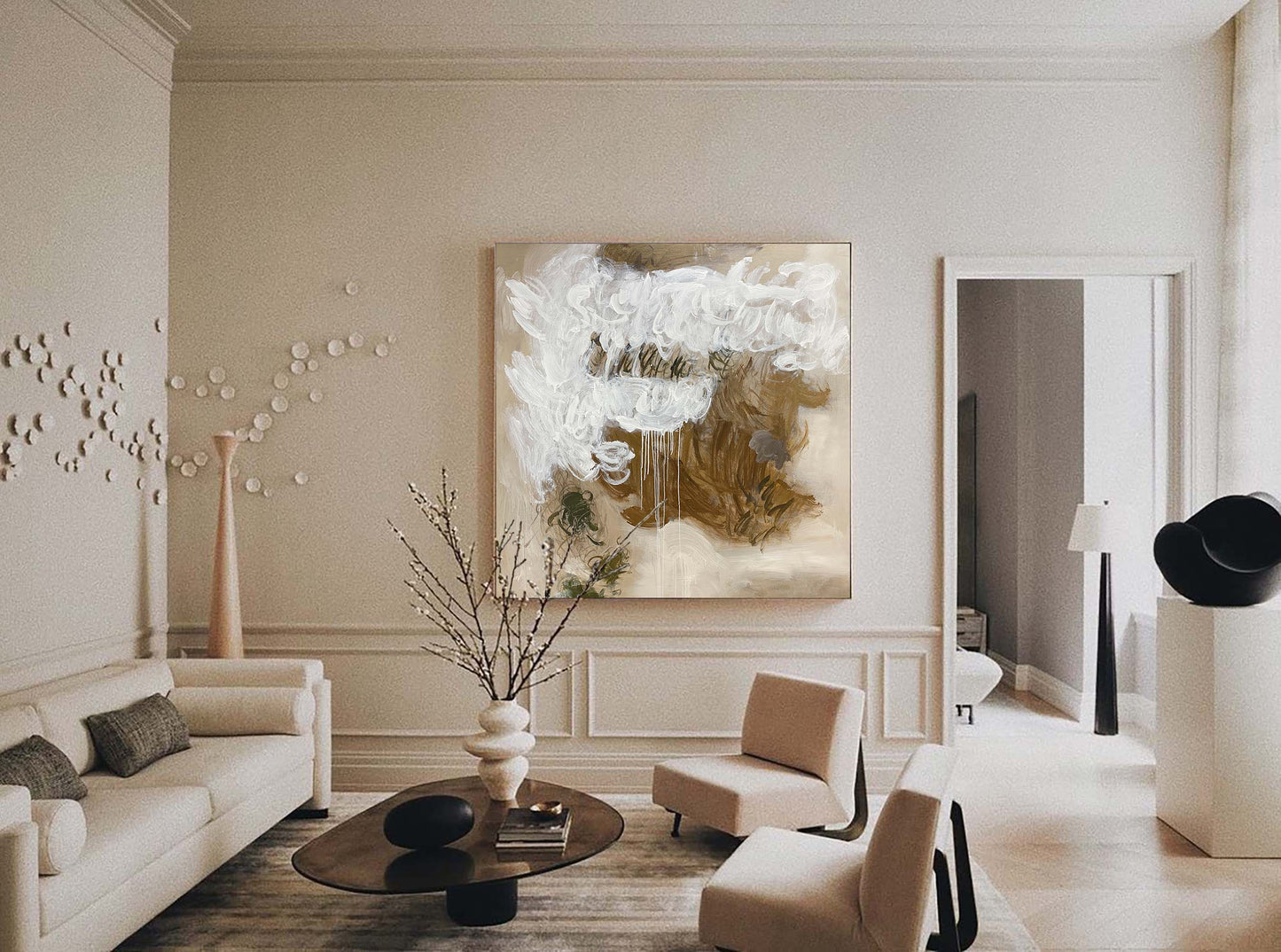Contemporary Abstract Oil Painting with Textured White and Earth Tones