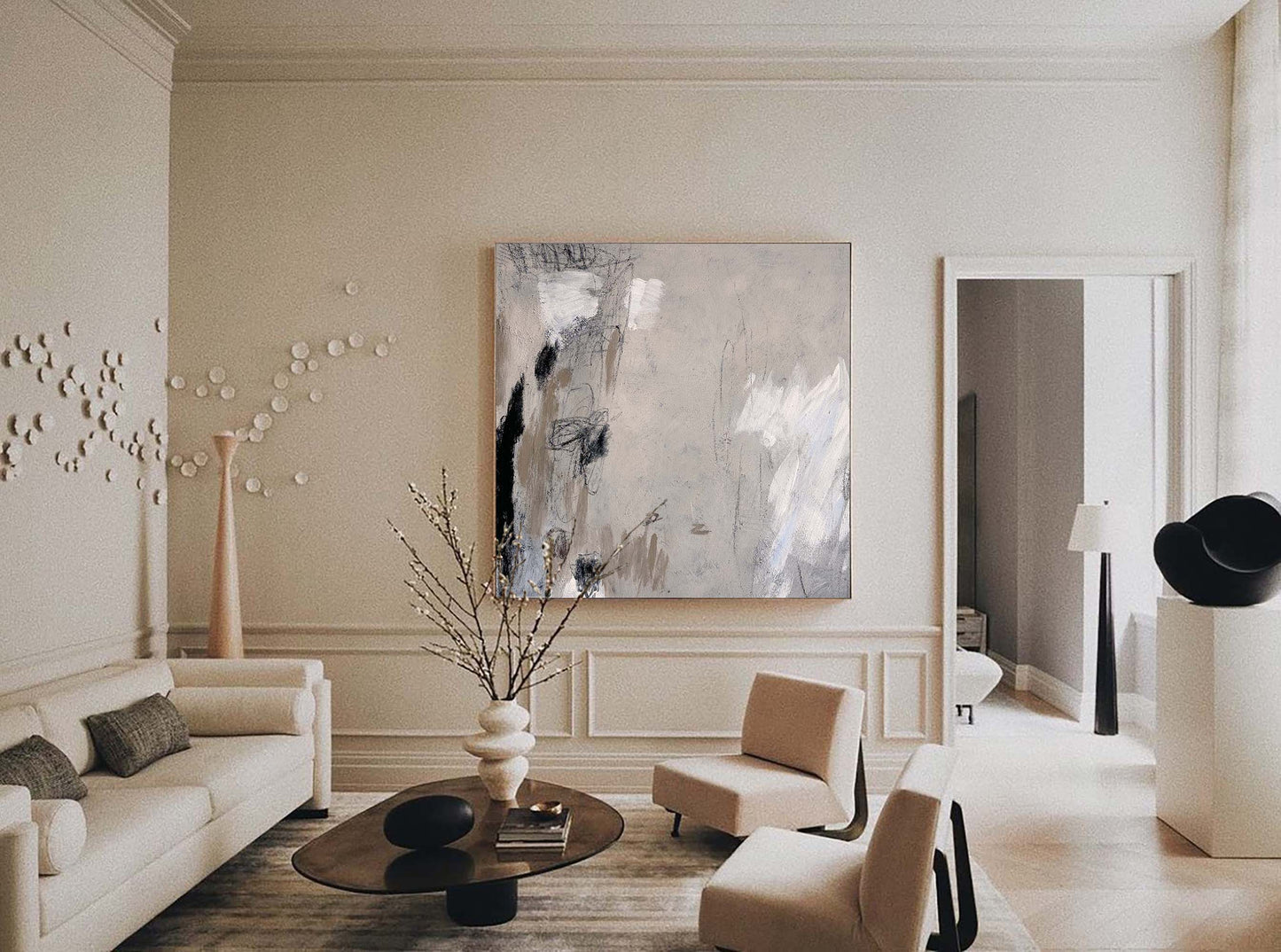 Contemporary Gray and White Abstract Oil Painting for Modern Home Decor