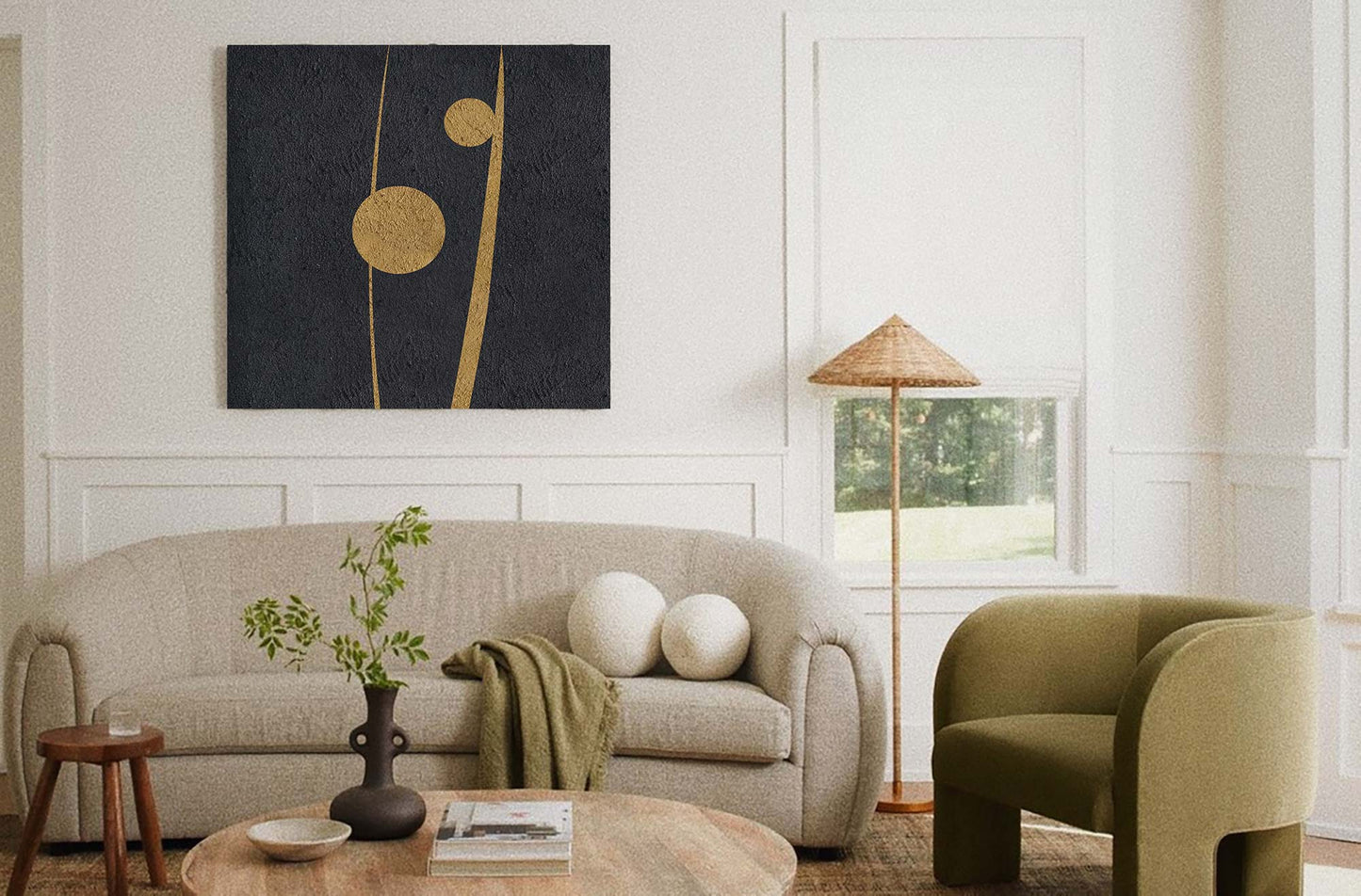 Elegant Black and Gold Abstract Minimalist Oil Painting for Modern Home Decor