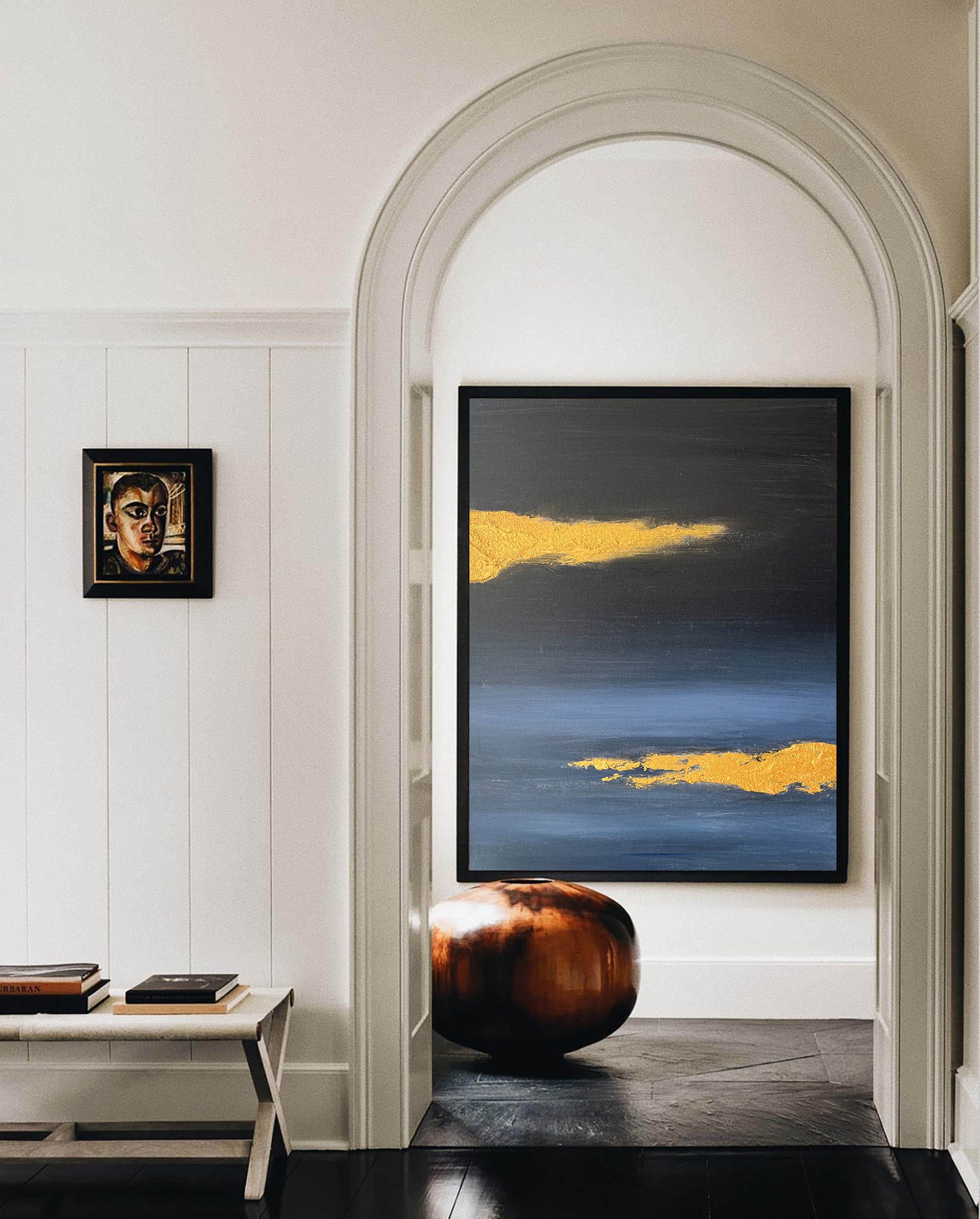 Contemporary Gold and Blue Abstract Oil Painting for Modern Home Decor