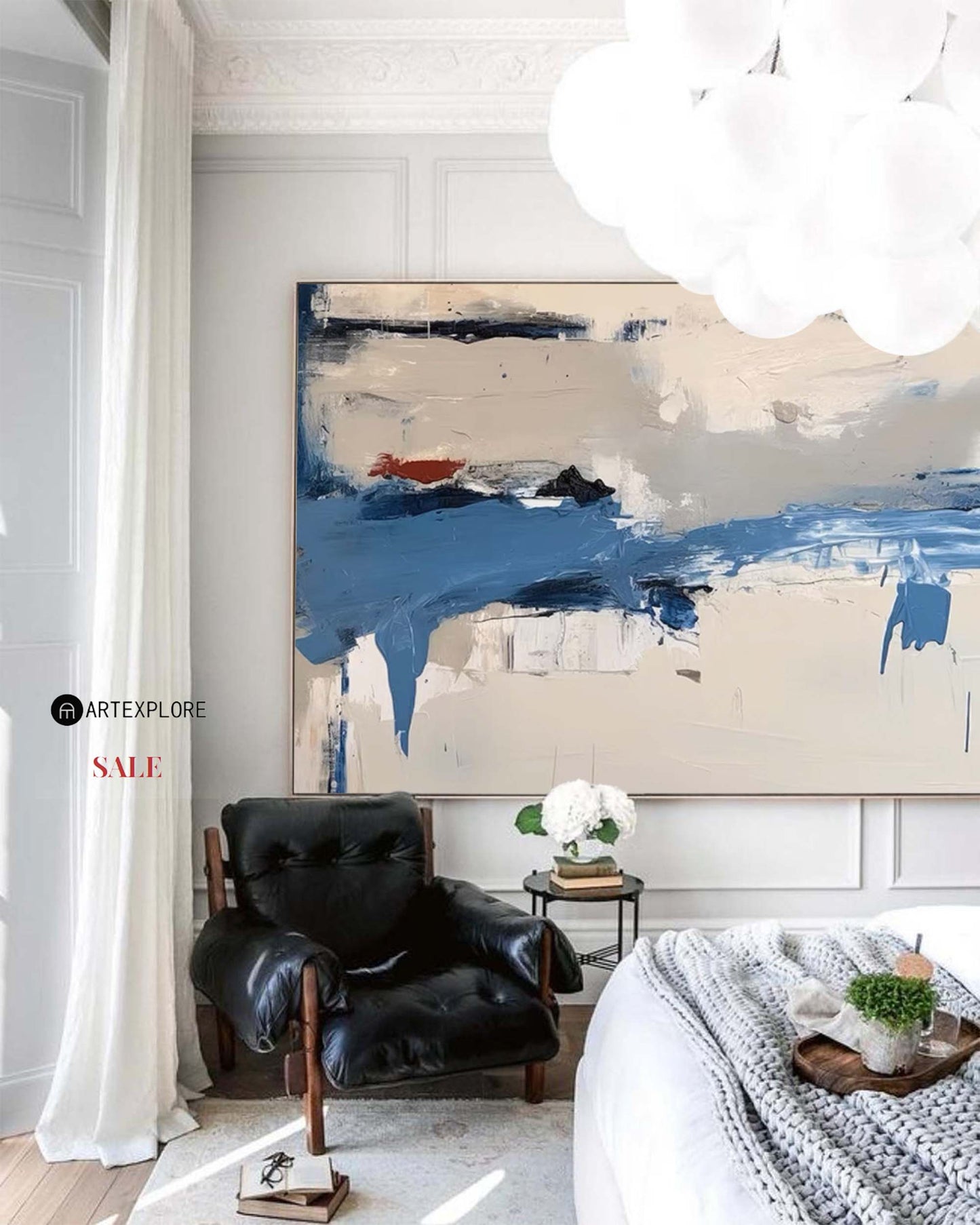 Contemporary Blue and White Abstract Oil Painting for Modern Home Décor