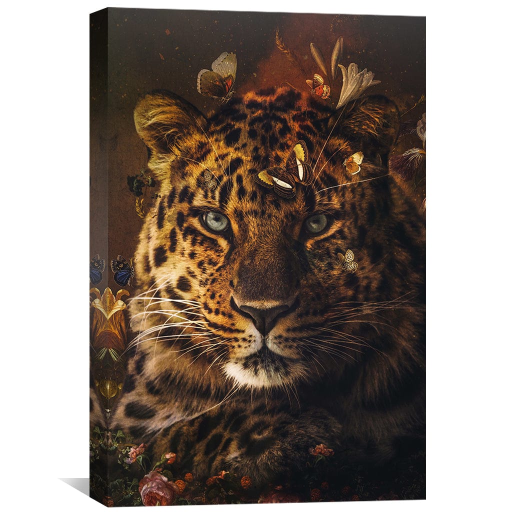Majestic Leopard Oil Painting with Floral Accents for Elegant Home Decor