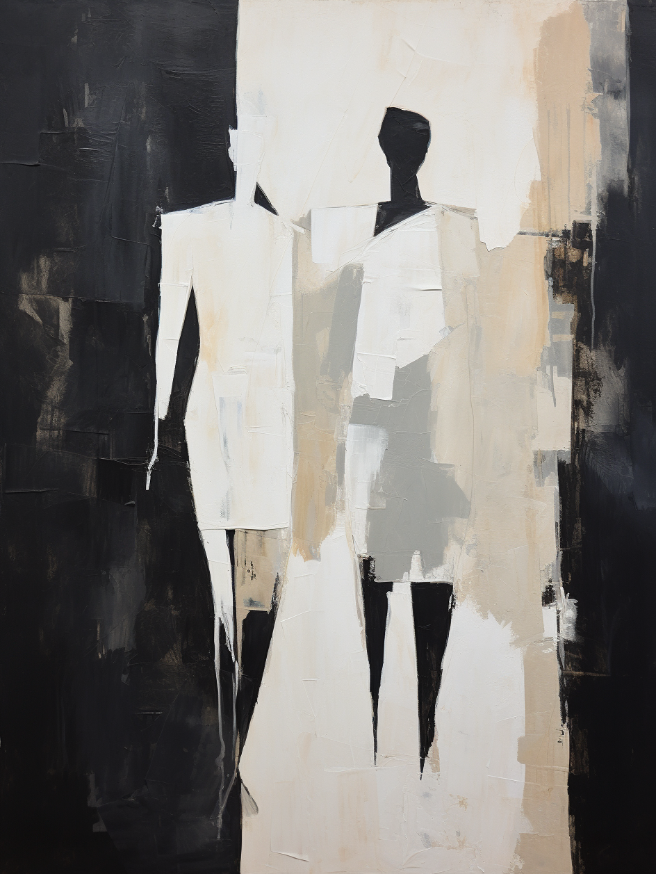 Abstract Figures in Black and White Minimalist Oil Painting for Modern Home Decor