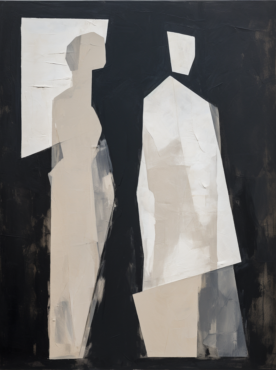 Modern Minimalist Oil Painting of Abstract Figures in Black and White