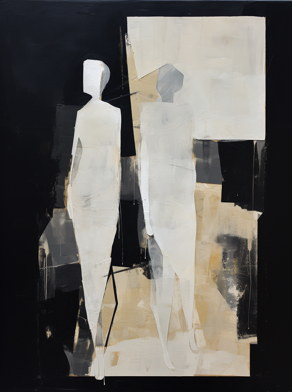 Modern Abstract Oil Painting of Figures in Minimalist Black and White Composition