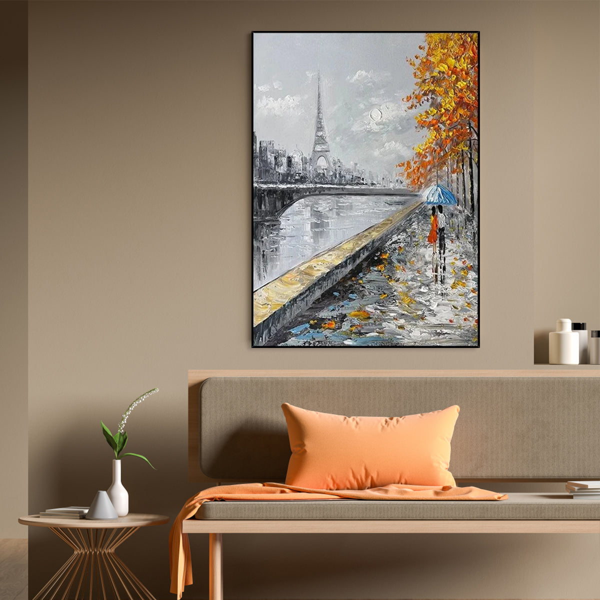 Romantic Parisian Evening with Umbrella - Elegant Oil Painting for Home Decor
