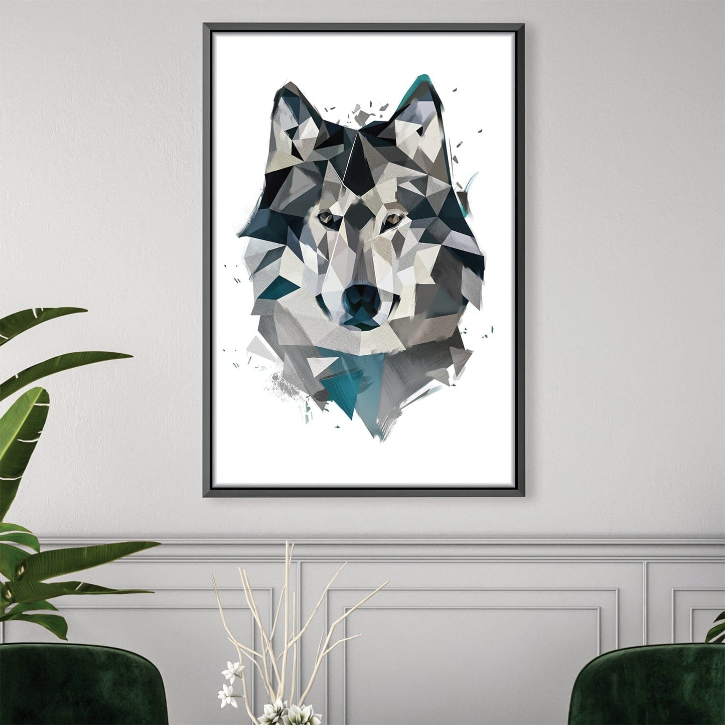 Geometric Gray Wolf Oil Painting for Contemporary Home Decor
