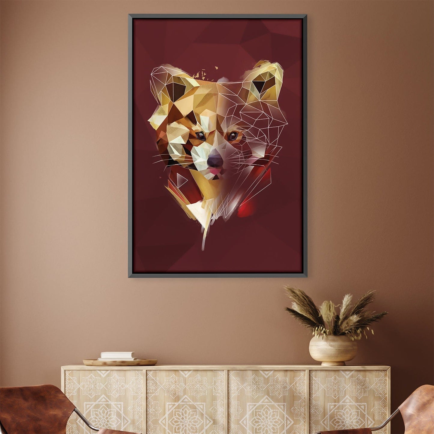 Geometric Red Panda Oil Painting on Dark Canvas