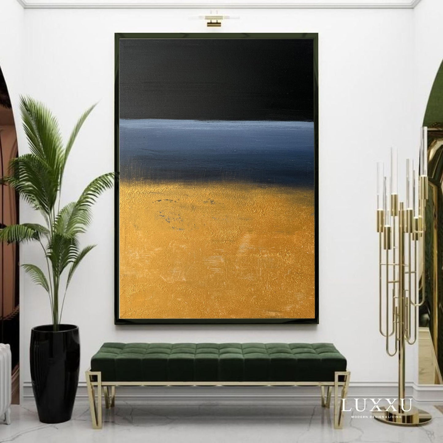 Contemporary Abstract Oil Painting with Bold Black and Gold Landscape