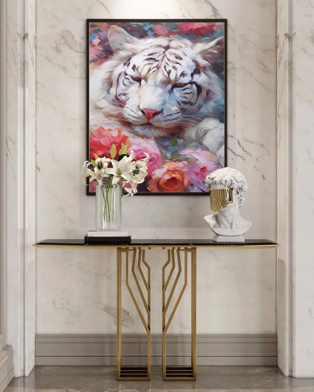 Majestic White Tiger with Floral Accents - Stunning Oil Painting Art