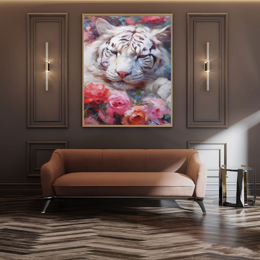 Majestic White Tiger with Floral Accents - Stunning Oil Painting Art