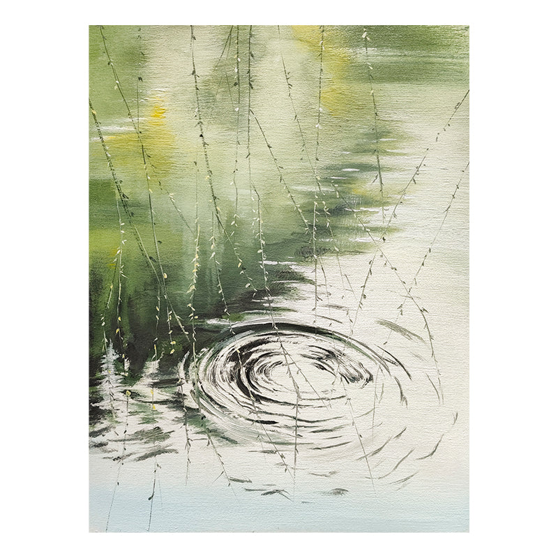 Pond Splash Willow Branches Quaint European Scene Oil Painting 141PS