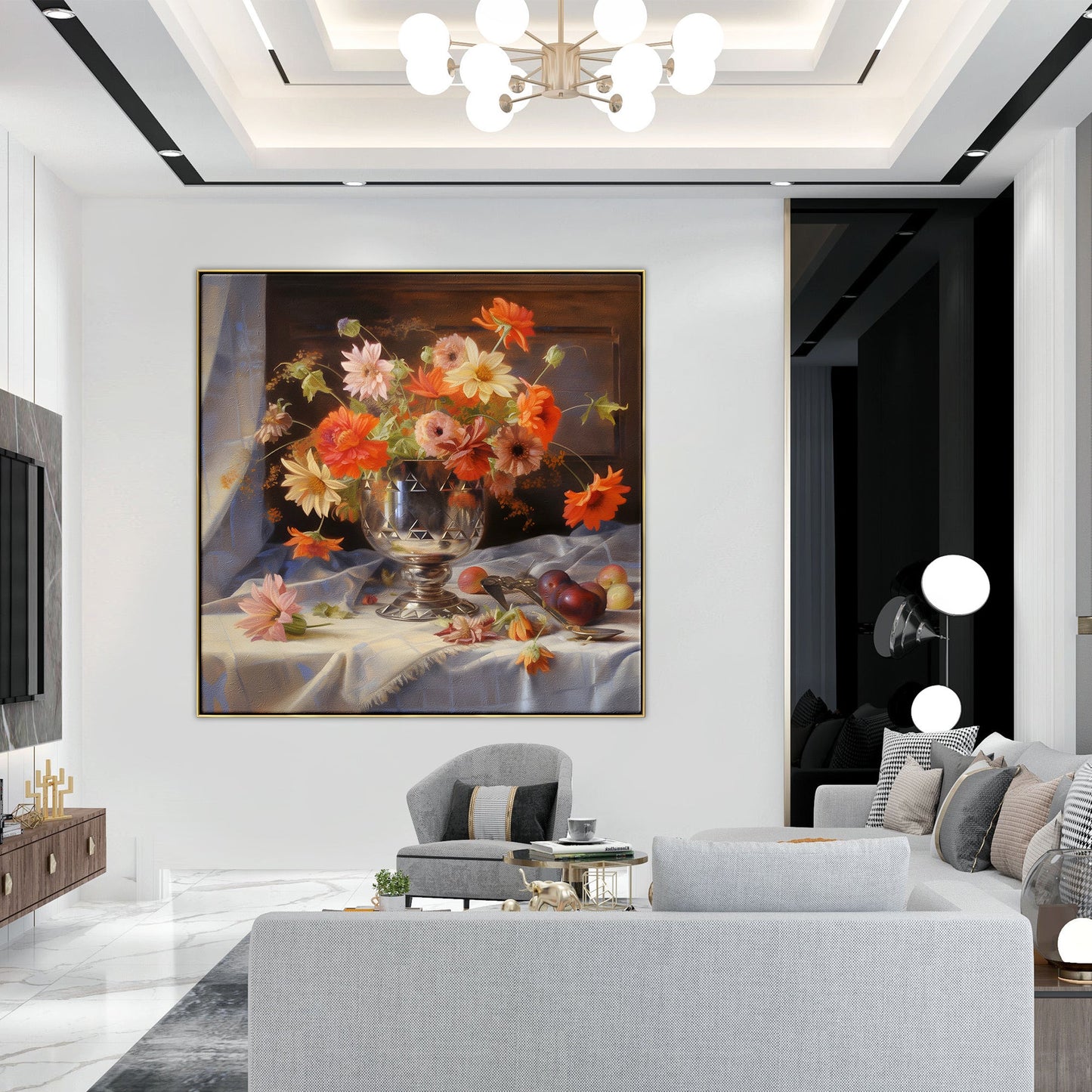 Vibrant Floral Still Life in Silver Vase | Elegant Oil Painting Decor