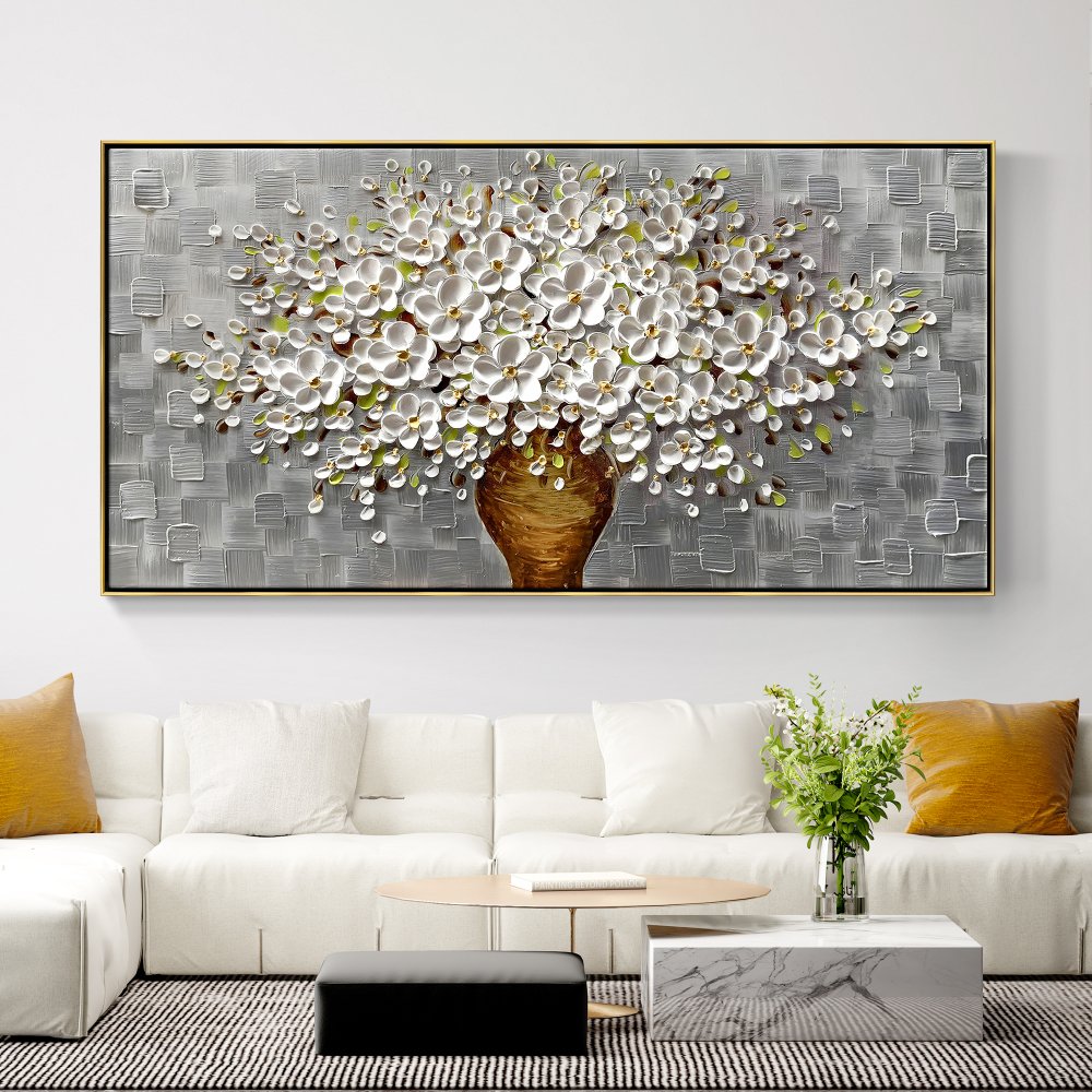 Elegant Floral Canvas: Charming White Blooming Bouquet in Textured Vase Decor
