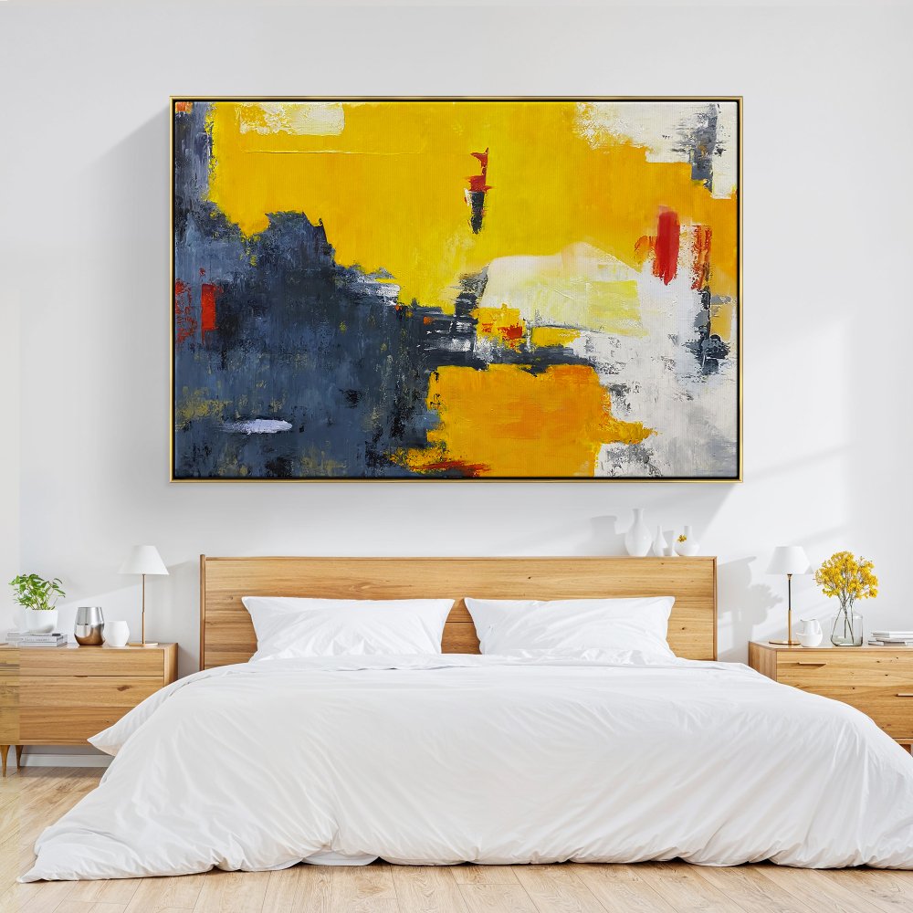 Abstract Yellow and Blue Oil Painting - Contemporary Wall Art for Modern Decor