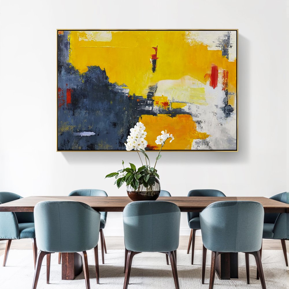 Abstract Yellow and Blue Oil Painting - Contemporary Wall Art for Modern Decor
